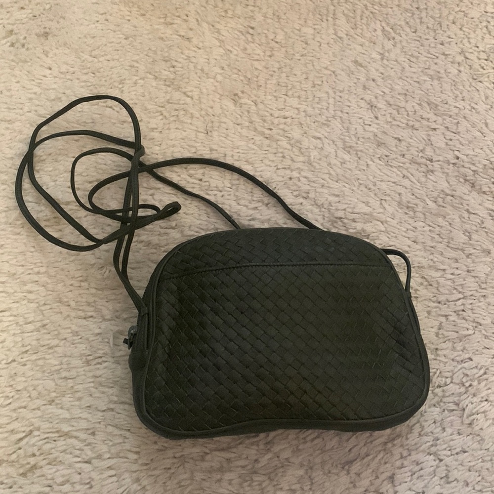 VINTAGE 80s Green Woven Leather Crossbody Bag